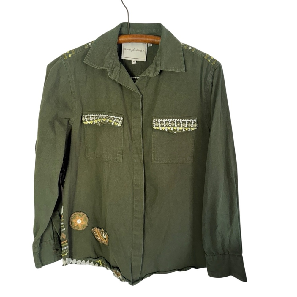 Beautiful Stories Women’s Olive Green Embroidered Button Down Shirt Jacket XS